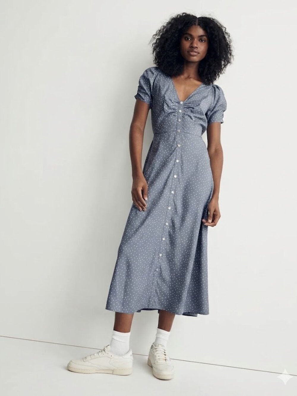 Madewell Leedra Button-Front Polka Dot Midi Dress – Blue/White – Size 4